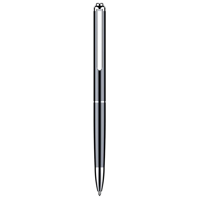 A sleek black and silver professional recording pen with polished metallic finish and transparent clip for portable voice recorder use