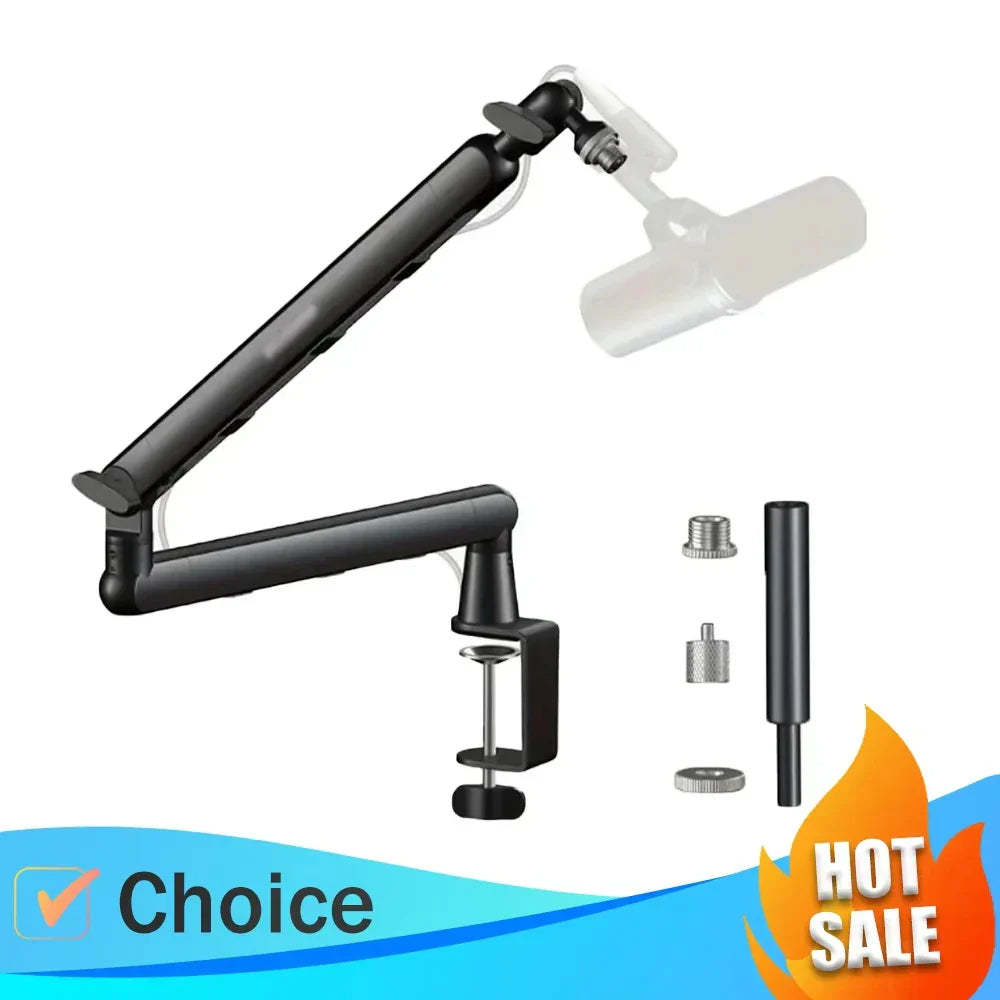 Black metal adjustable desk-mounted microphone arm with clamp and cable management for shure sm7b sm7db mv7 microphones