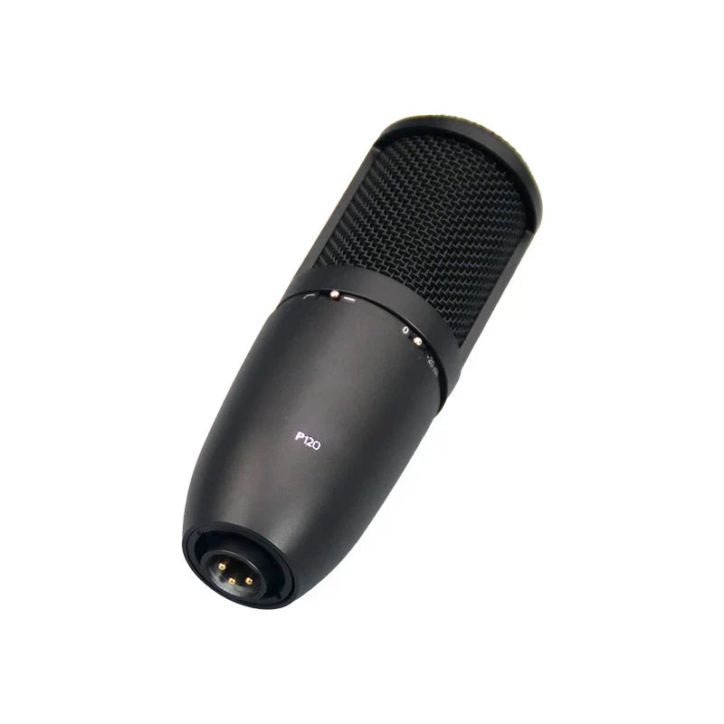 Black p120 professional studio condenser microphone with mesh grille and xlr connector for vocal recording streaming and home podcast production