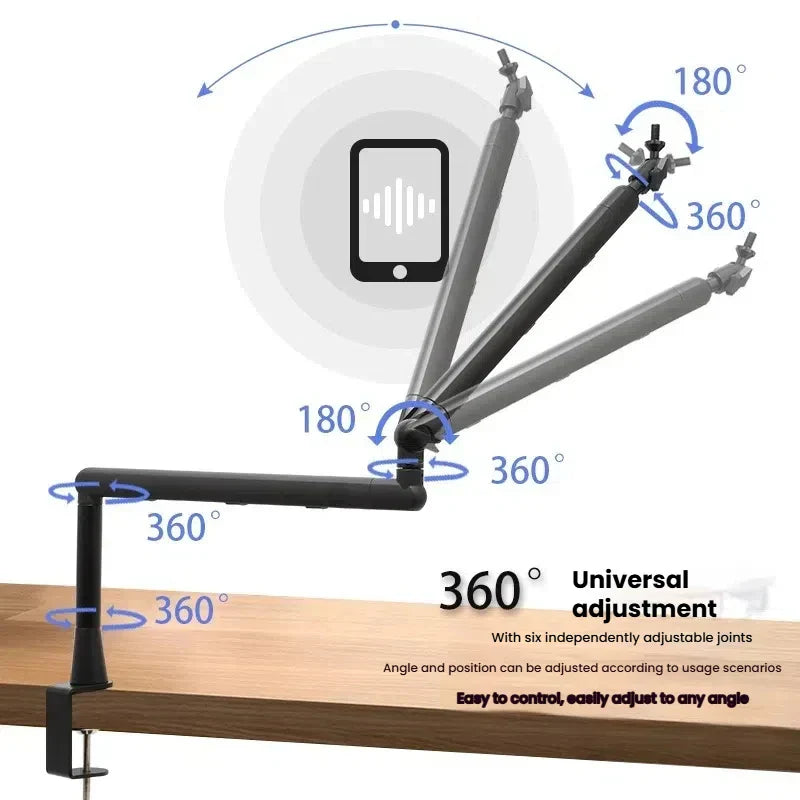 Black professional studio mic arm with six rotating joints and hidden cable storage cantilever bracket microphone stand