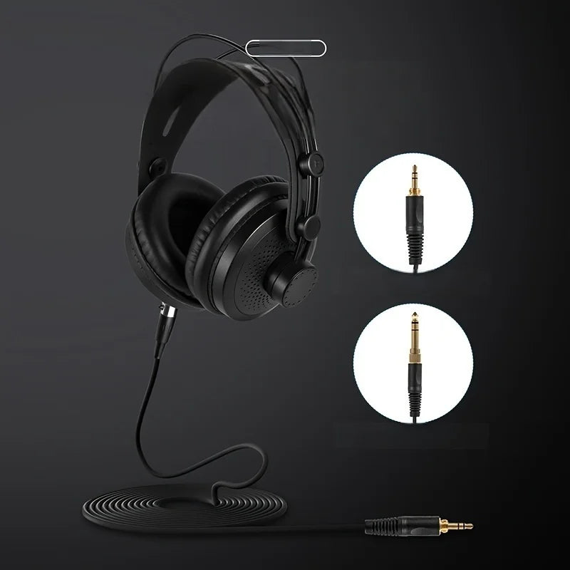 Black over-ear wired professional studio monitor headphones with padded earcups and gold-plated 3.5mm connectors for recording