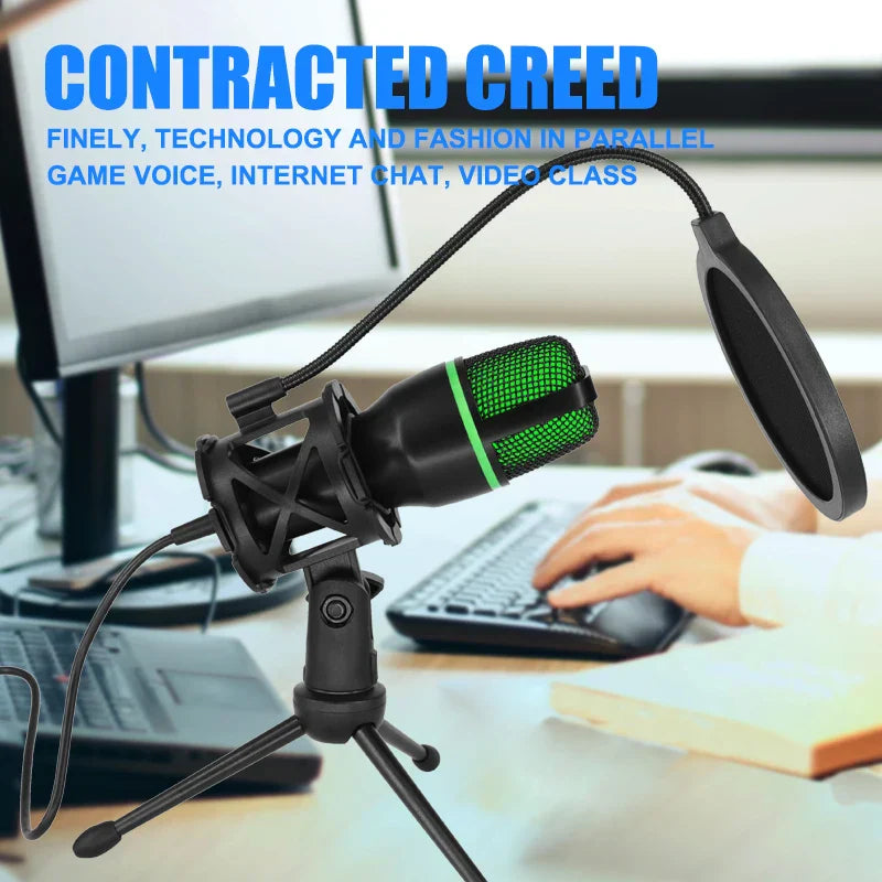 Black and green professional usb condenser microphone with pop filter on tripod stand suitable for streaming recording podcasting laptops