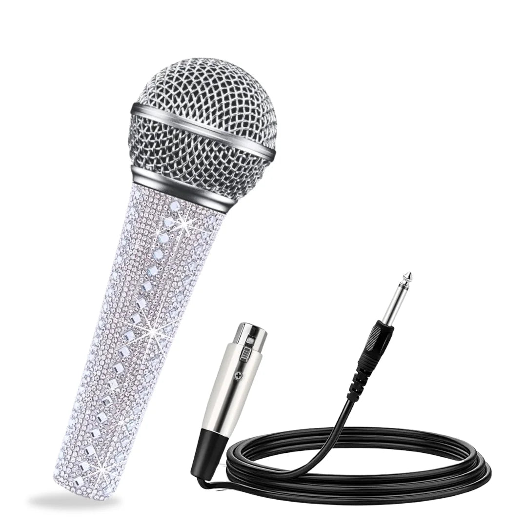 A professional vocal microphone with a sparkle white decorative handle sleeve and rhinestone-adorned silver metal body