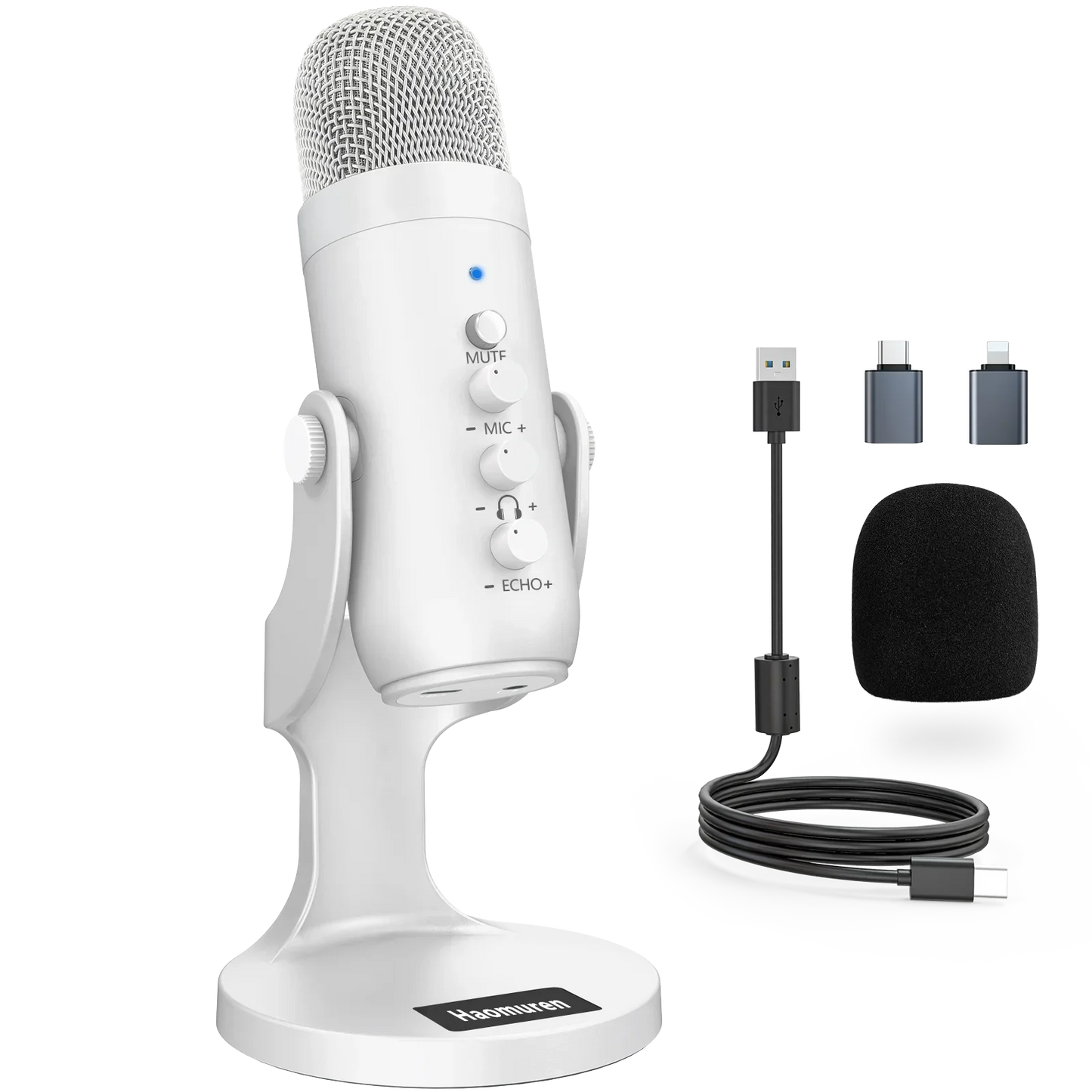 Professional white usb condenser microphone studio recording mic with mesh grille and control knobs by haomuren