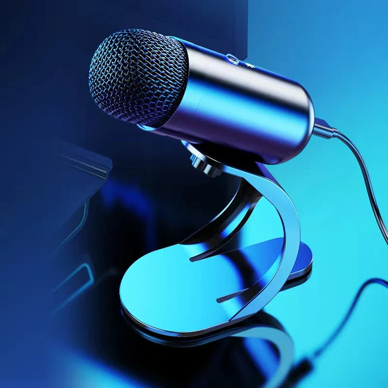 A sleek metallic blue professional wired condenser microphone with mesh grille and curved stand for gaming and conference use