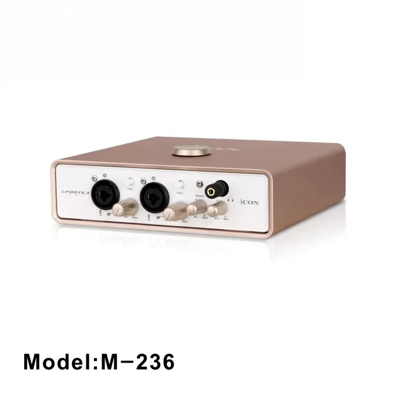 Rose gold professional wireless audio interface with white front panel silver knobs for studio recording and broadcasting