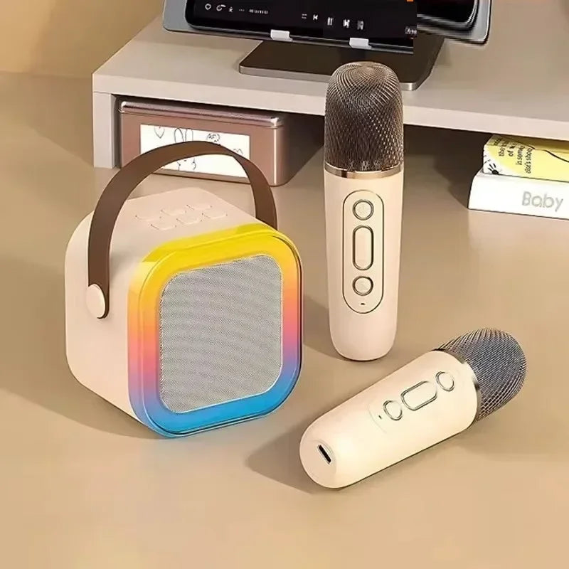 White portable bluetooth speaker with rainbow led light ring and brown handle for professional wireless microphones and gaming ktv koraoke with noise reduction microphone