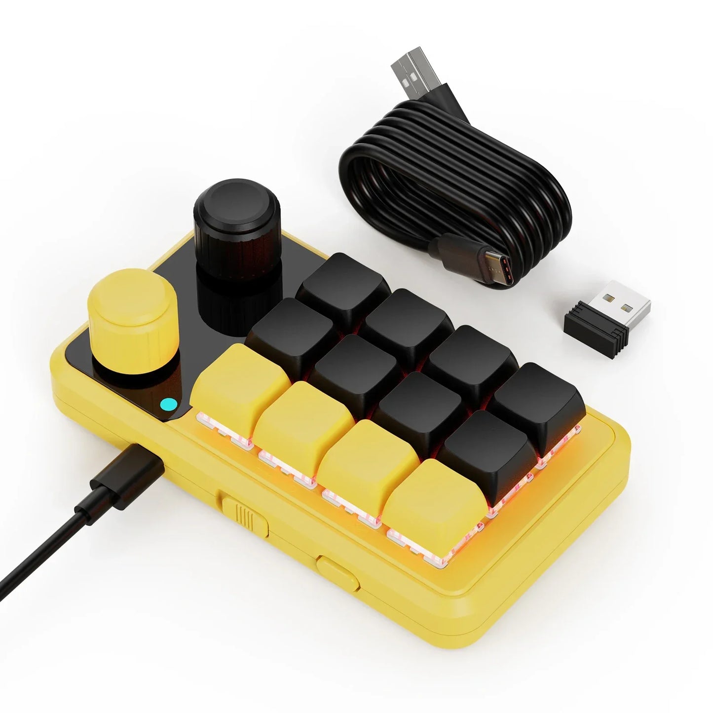 Yellow compact programming macro custom keyboard with black and yellow keys and two large knobs for gaming keypad mechanical use