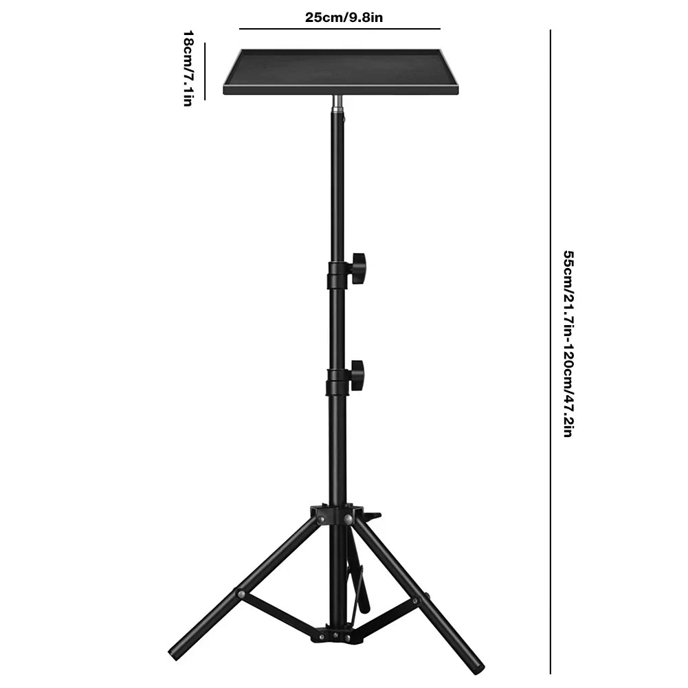 Black adjustable projectors tray with rectangular platform and tripod base featuring tray height adjustable telescopic rod standing