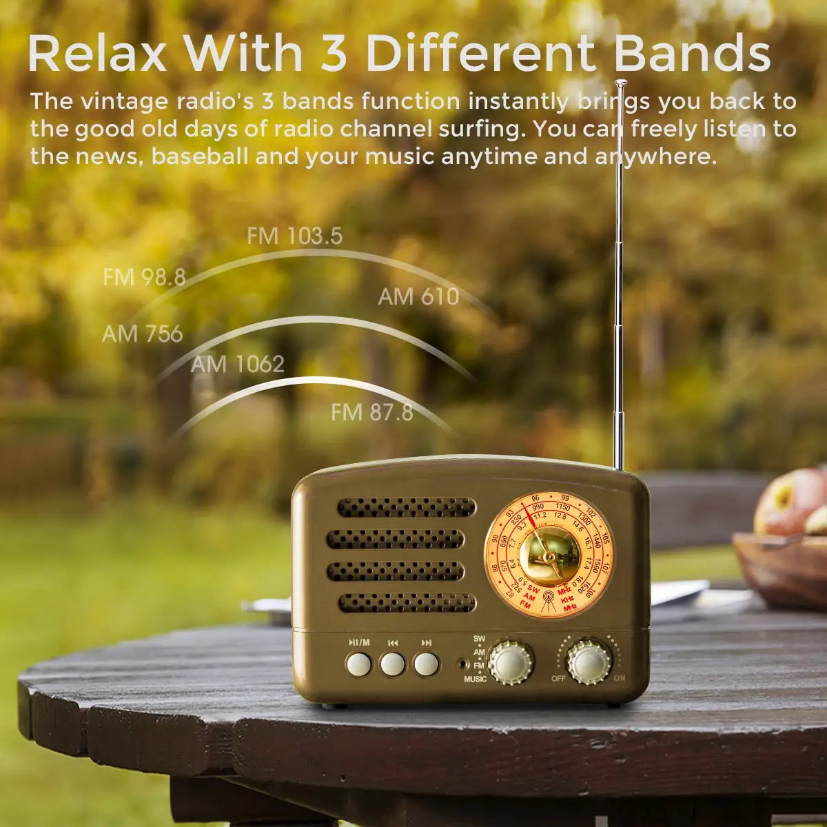 Vintage-style bronze radio receiver rechargeable with circular dial and three knobs portable mp3 radios stereo 3w bluetooth speaker