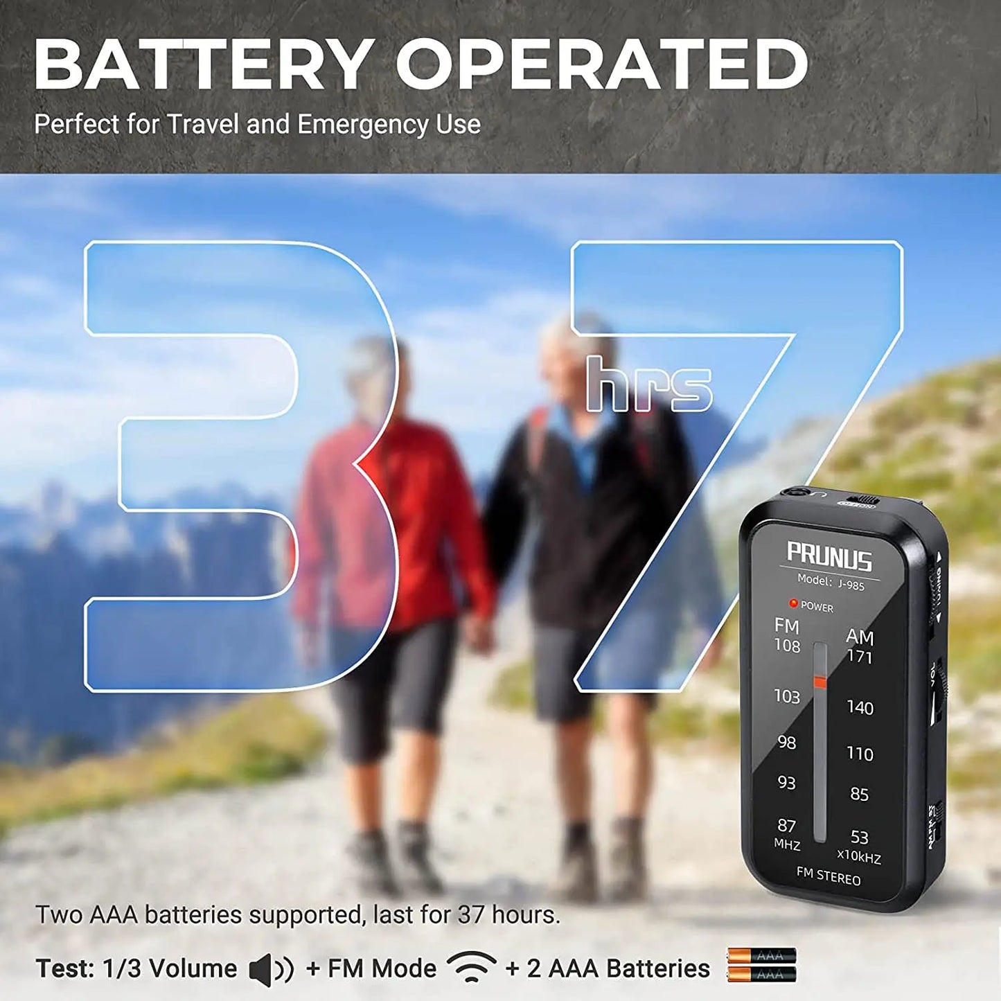 Black prunus pocket radio mini walkman hand stereo portable with digital display showing frequency and power indicator