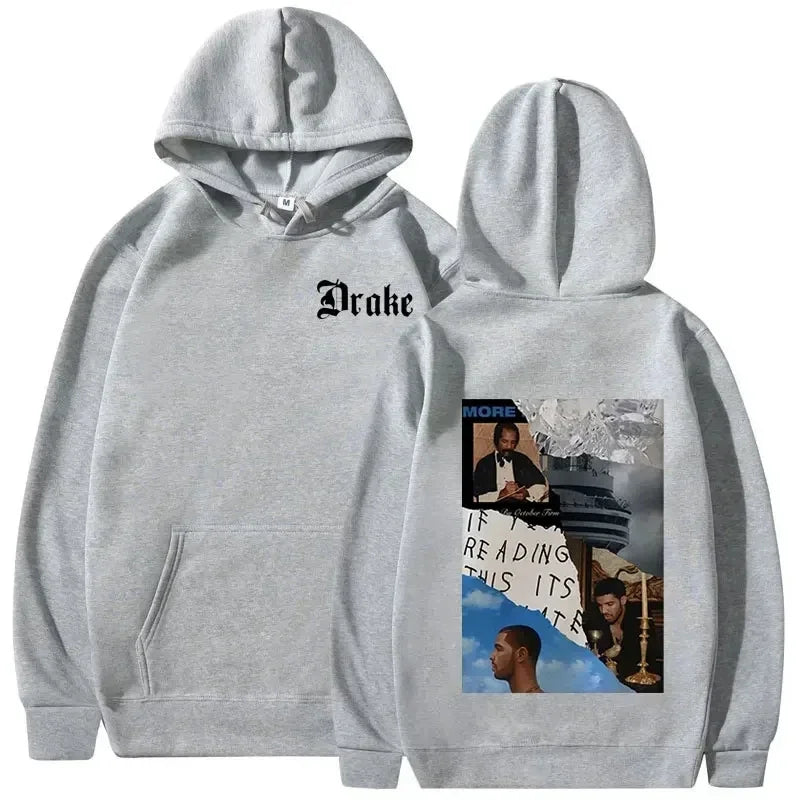 Gray hoodie pullover rapper drake with black logo on chest and music album cover graphic on back vintage hoodies y2k