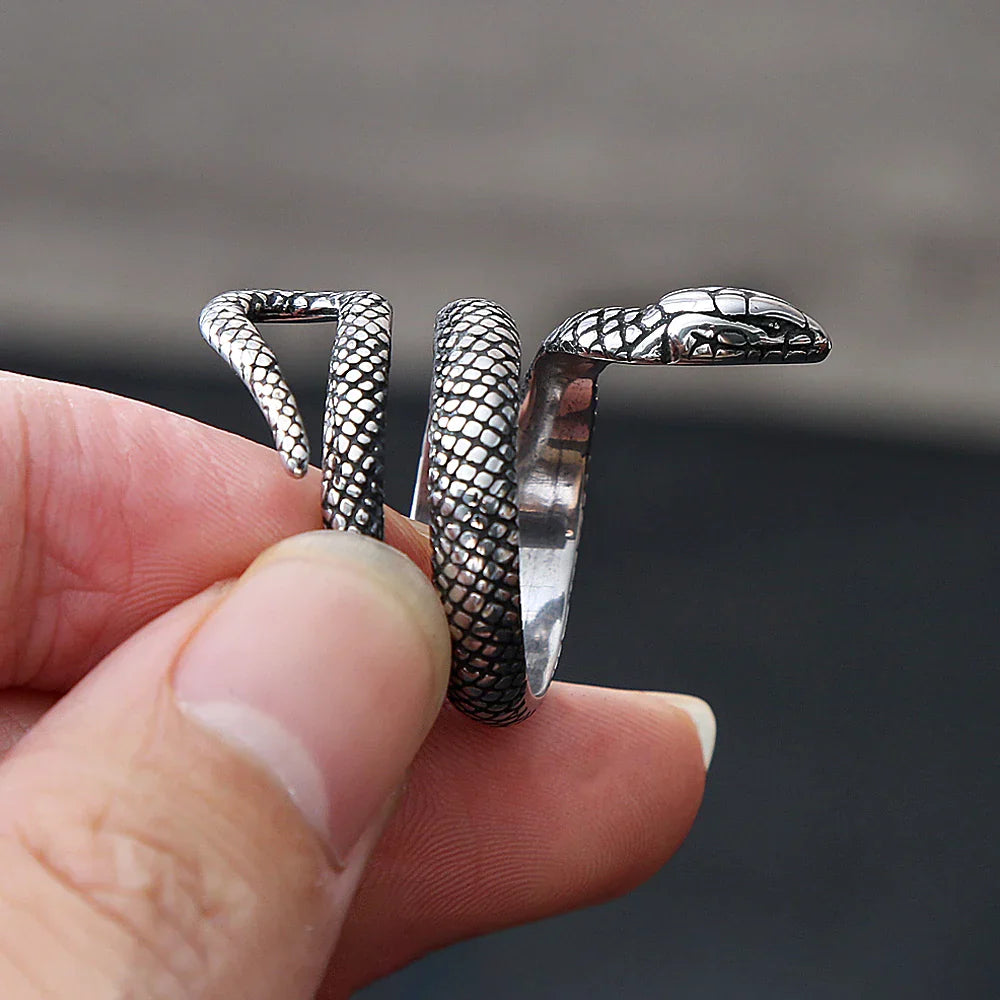 Silver snake ring with textured scales and detailed head made of stainless steel for punk fashion vintage biker hip style