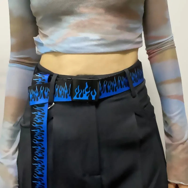 Punk style flame black belt with blue flame patterns and durable buckle for women trendy eyelet personality decoration