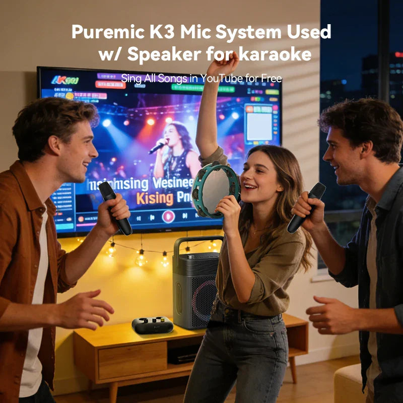Black and gray puremic karaoke machine with handle featuring forever duet karaoke mics and rechargeable dock with HDMI aux
