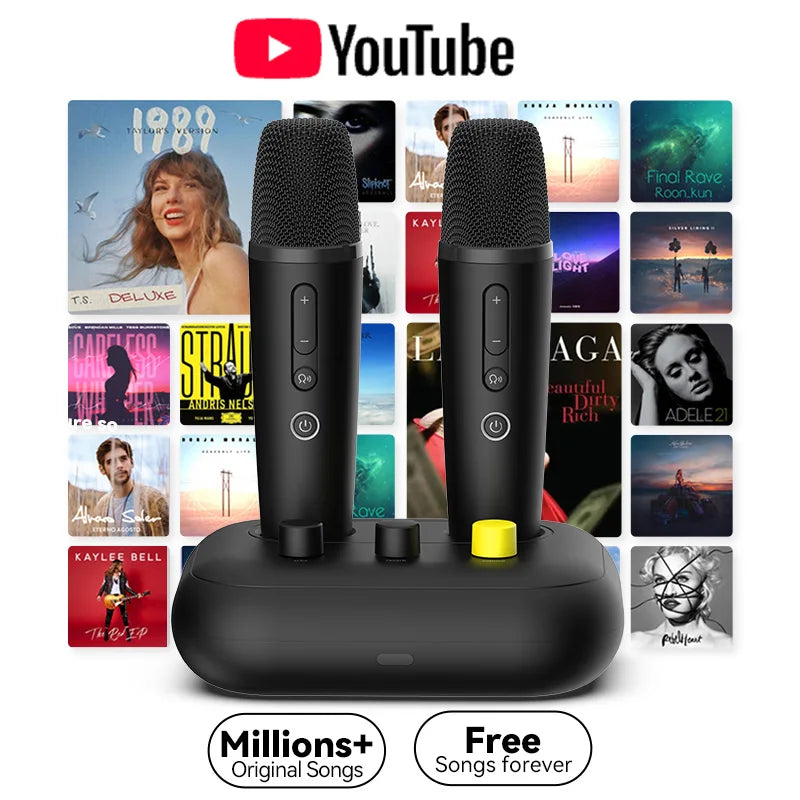 Black puremic karaoke machine k3 wireless duet karaoke mics with ergonomic design and rechargeable dock with yellow button