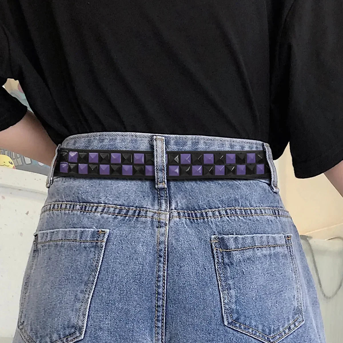 Purple rivet punk studded belt in trend pu leather with black and purple design for jeans accessories girdle use