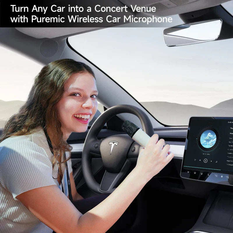 White and black q1-tesla car karaoke microphone with textured grip and usb-a usb-c receiver for cybertruck rechargeable caraoke