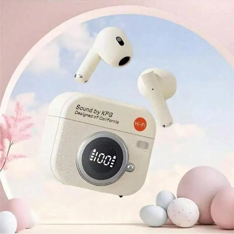 Cream-colored vintage camera-shaped wireless earbud case with digital display and sound by kfg for q86 bluetooth headphones