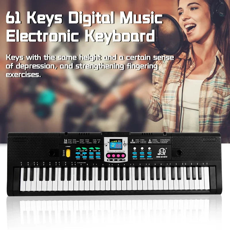 Black 61-key electronic keyboard musical instrument gift with colorful buttons and display screen for piano digital music beginners