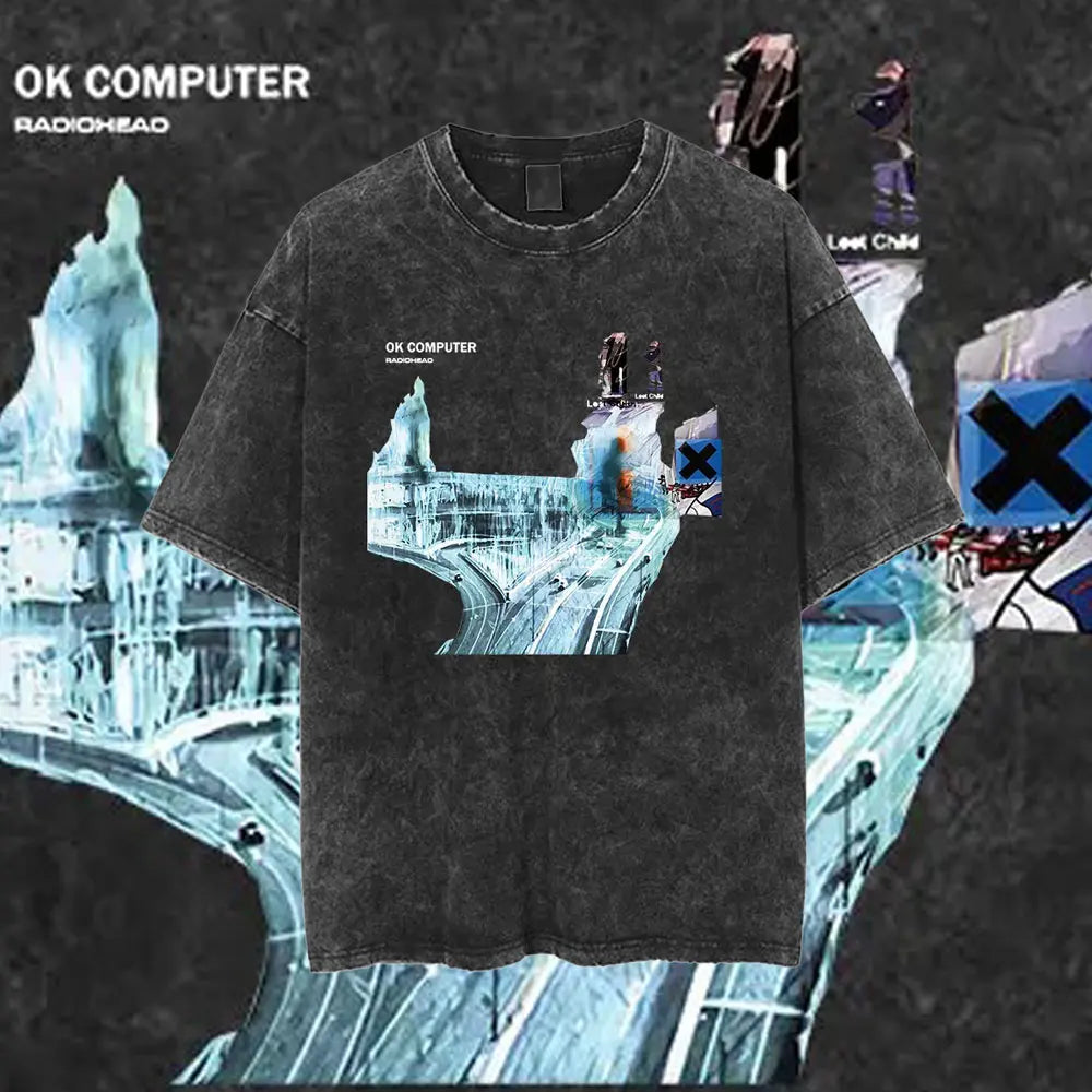 Black distressed cotton t-shirt featuring radiohead rock band ok computer graphic print for women hip hop music tee fashion