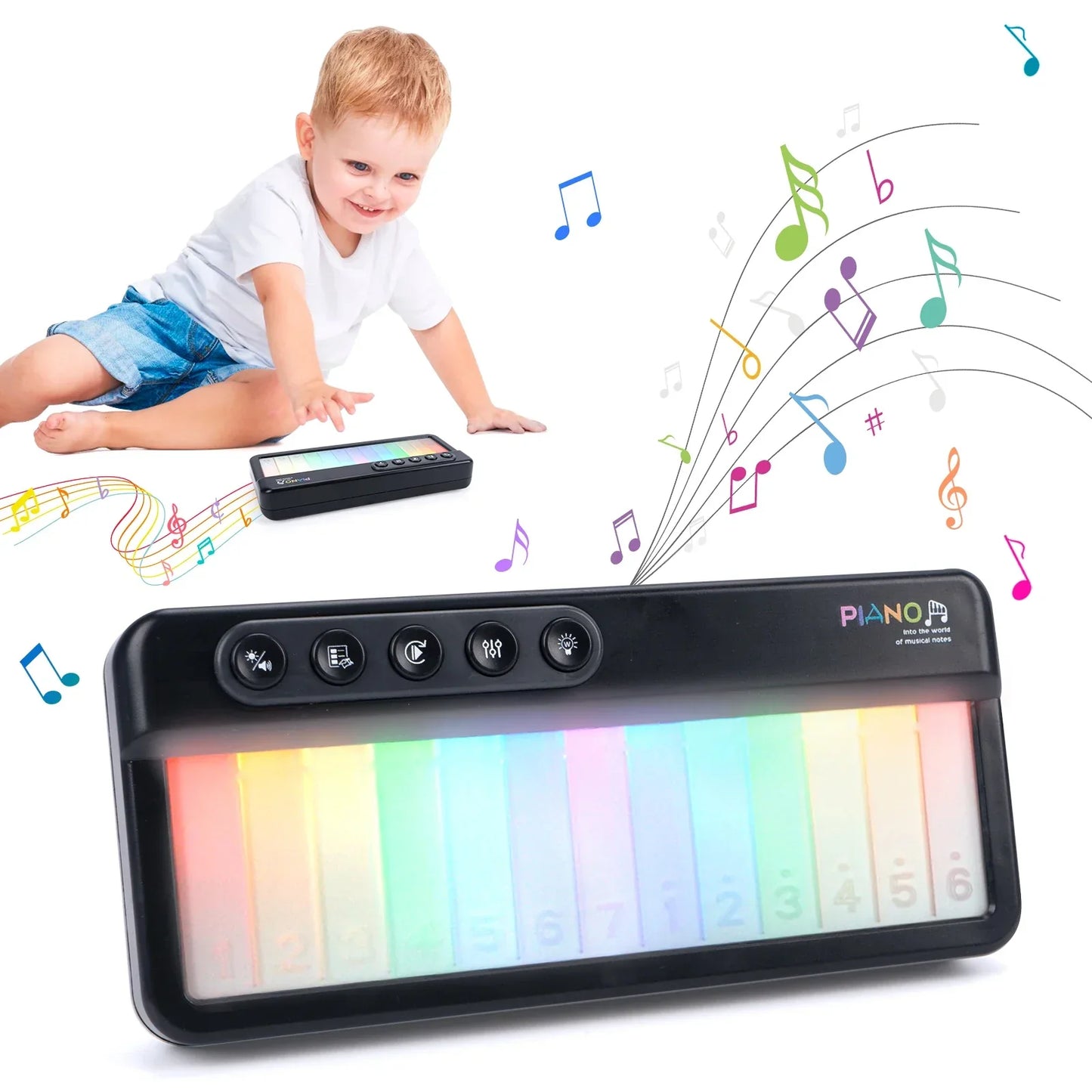 Black electronic rainbow flashing piano toy with colorful illuminated keys and melody electronic music features for kids education