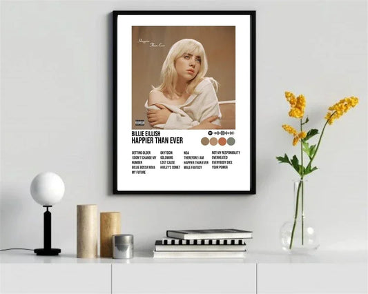 Black-framed canvas poster of Billie Eilish album happier than ever with sepia portrait and white text tracklist for room decor
