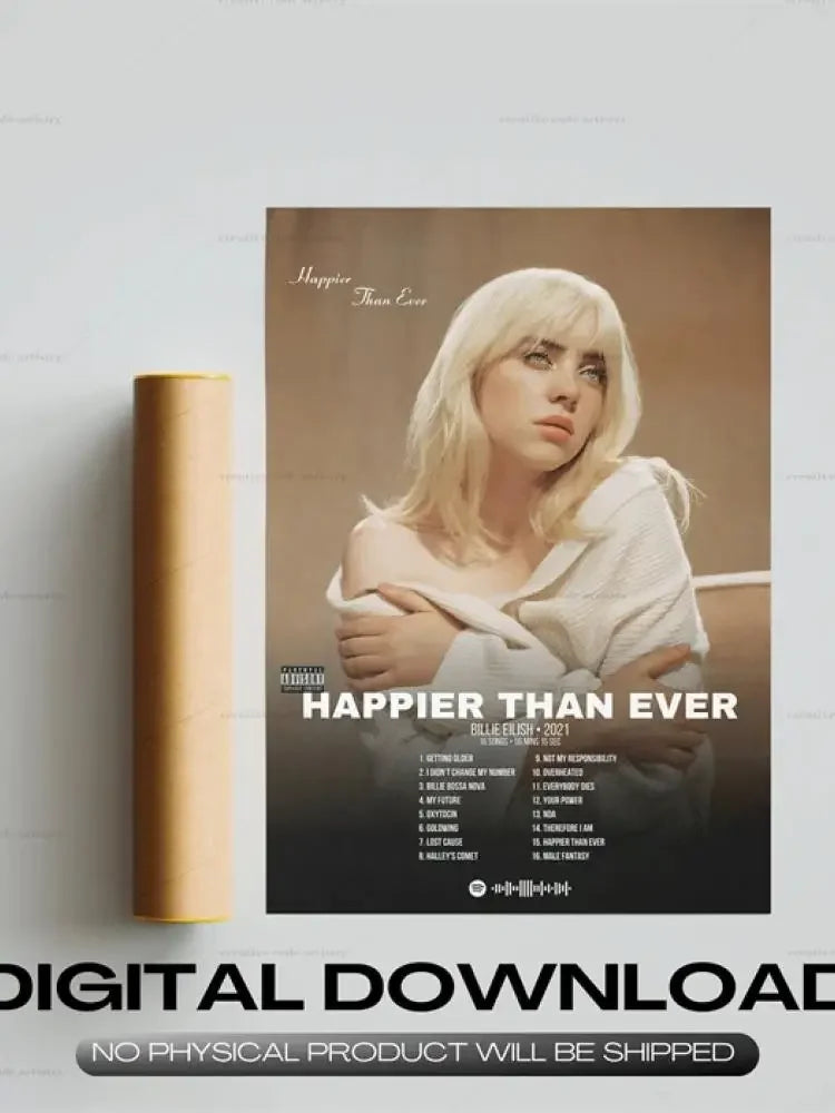 Beige and black canvas wall art featuring billie eilish with blonde hair for rap music album cover room decor