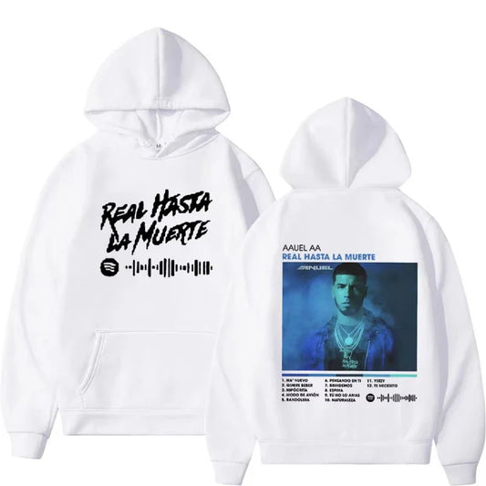 White hoodie featuring a graphic print of real hasta la muerte album cover by a$ap rocky with black text and spotify logo