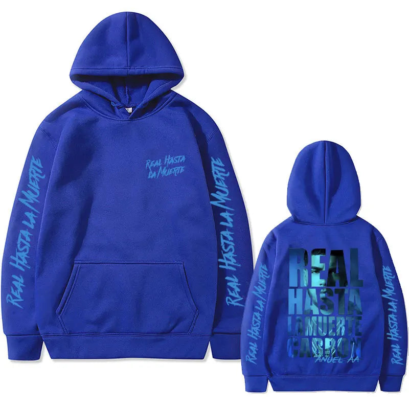Royal blue anuel aa hoodie with teal real hasta la muerte print and bold black graphic on the back vintage hoodies men women hip hop