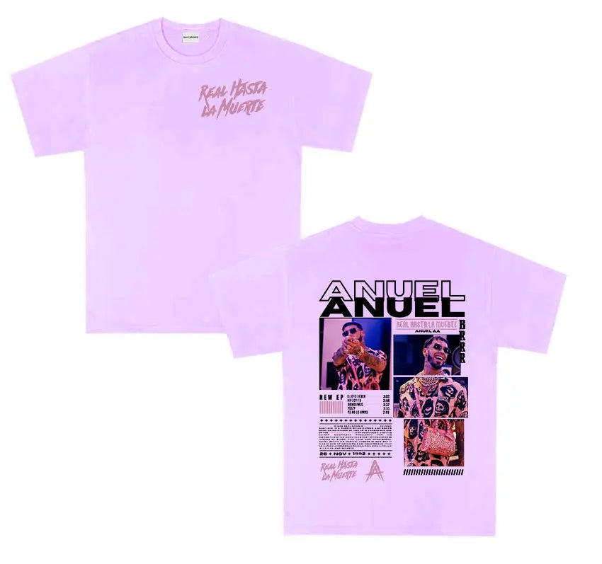 Light purple cotton shirt men retro featuring anuel aa real graphic and real hastala muerte text on front