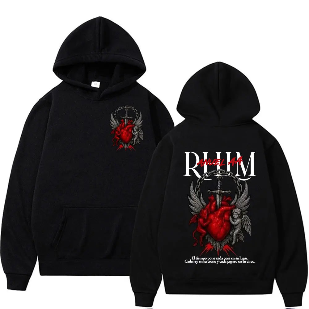 Back side of black oversized hoodie featuring bold red heart wings and sword design with white rum text for anuel aa rhlm album tour graphic hip hop gothic style