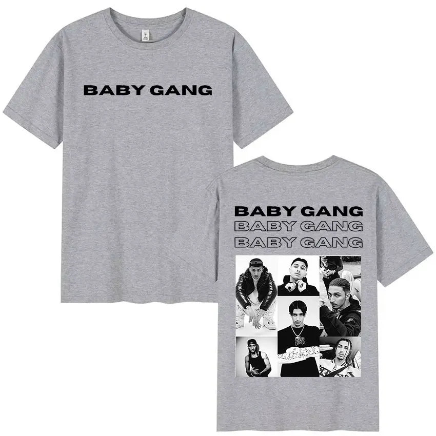 Gray cotton rapper baby gang merch t shirt with baby gang print front and band member collage on back hip hop oversized style