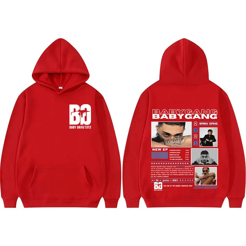 Red hooded rapper baby gang cover graphic sweatshirt with white front design and detailed back hip hop casual hoodie