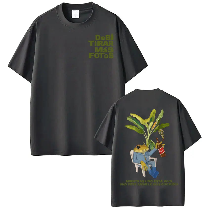 Black short-sleeved rapper bad bunny t-shirt with green text front and colorful frog illustration on back dtmf world tour hip hop streetwear