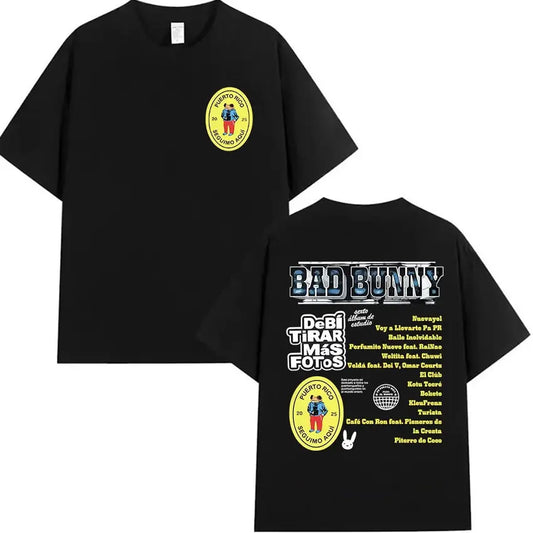 Black cotton hip hop oversized rapper bad bunny shirt debi tirar featuring graphic tracklist and yellow logos back view