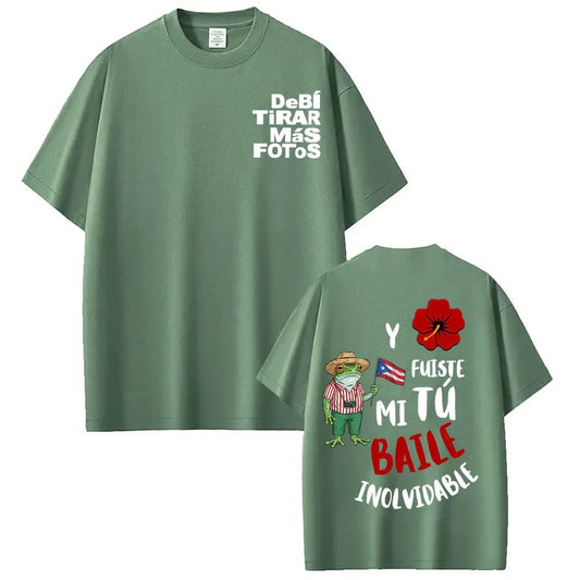 Olive green oversized 100 percent cotton t shirt with cartoon frog and puerto rican flag on back for hip hop style