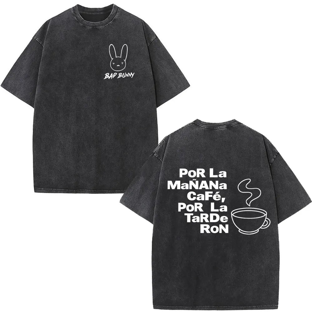 Black oversized rapper bad bunny t-shirt with white bap bunny graphic front and dtmf world tour text on back