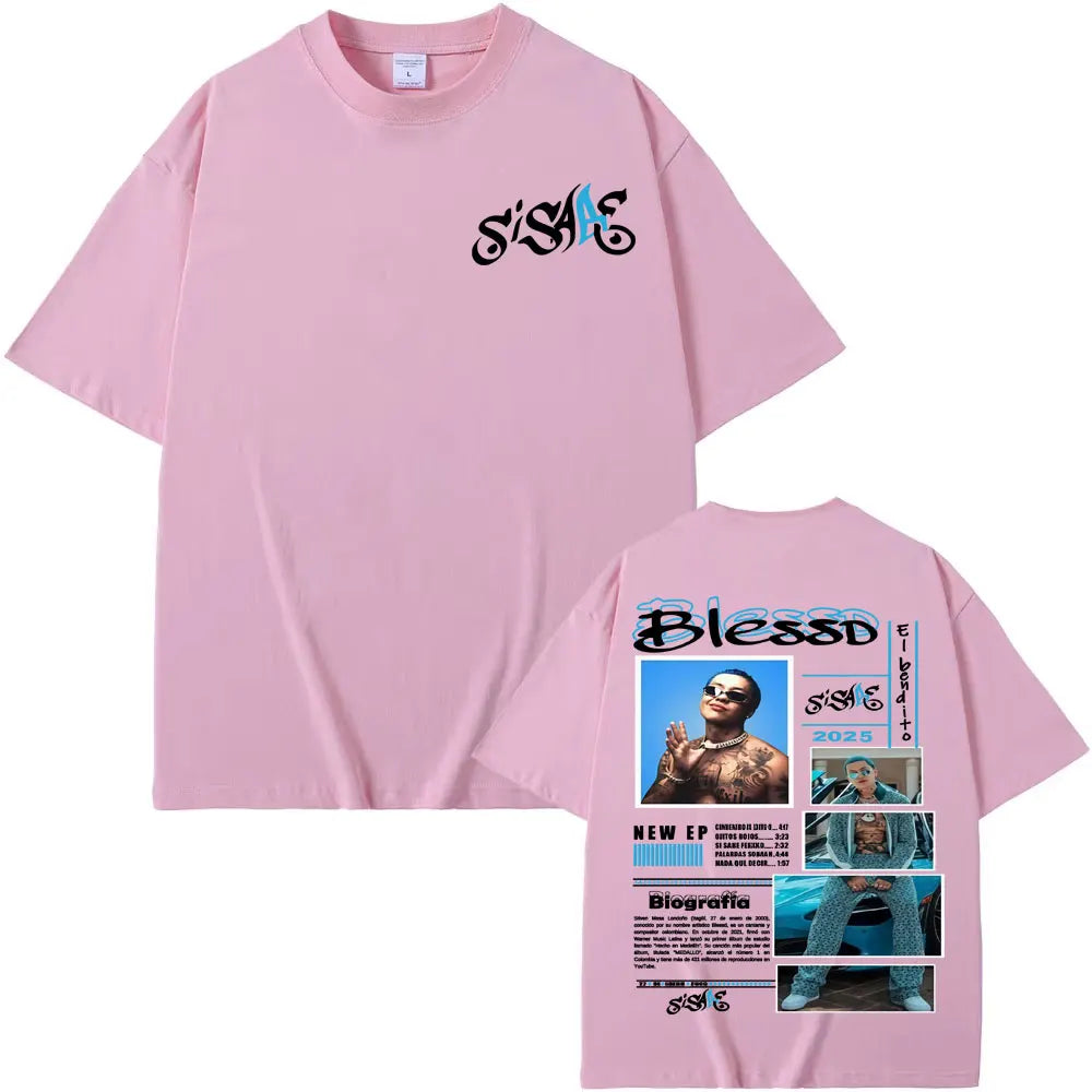 Pink short-sleeved t-shirt showing the back graphic print of rapper blessd sisabe album tour hip hop retro design