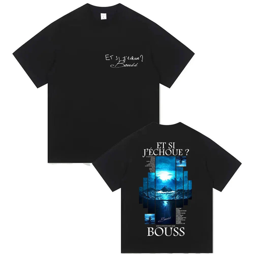 Back of black cotton tshirt streetwear with blue retro hip hop graphic and text et si j échoue by rapper bouss
