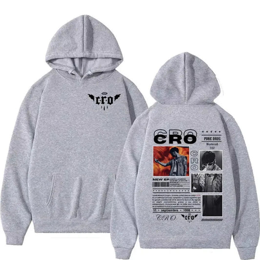 Gray hooded sweatshirt with black cro graphic and album-inspired artwork on the back for unisex streetwear