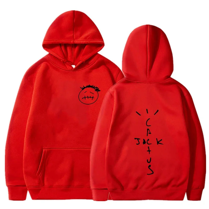 Red hooded rapper cactus jack hip hop sweatshirt with black embroidered face front and stylized tracke lettering back