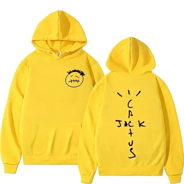 Bright yellow album printed sweatshirt with black stitched face sketch and tracajack lettering for women personalized sportswear