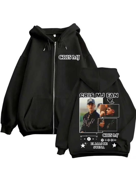 Black zip-up hoodie featuring cris mj graphic print with photos text and music player design for hiphop streetwear