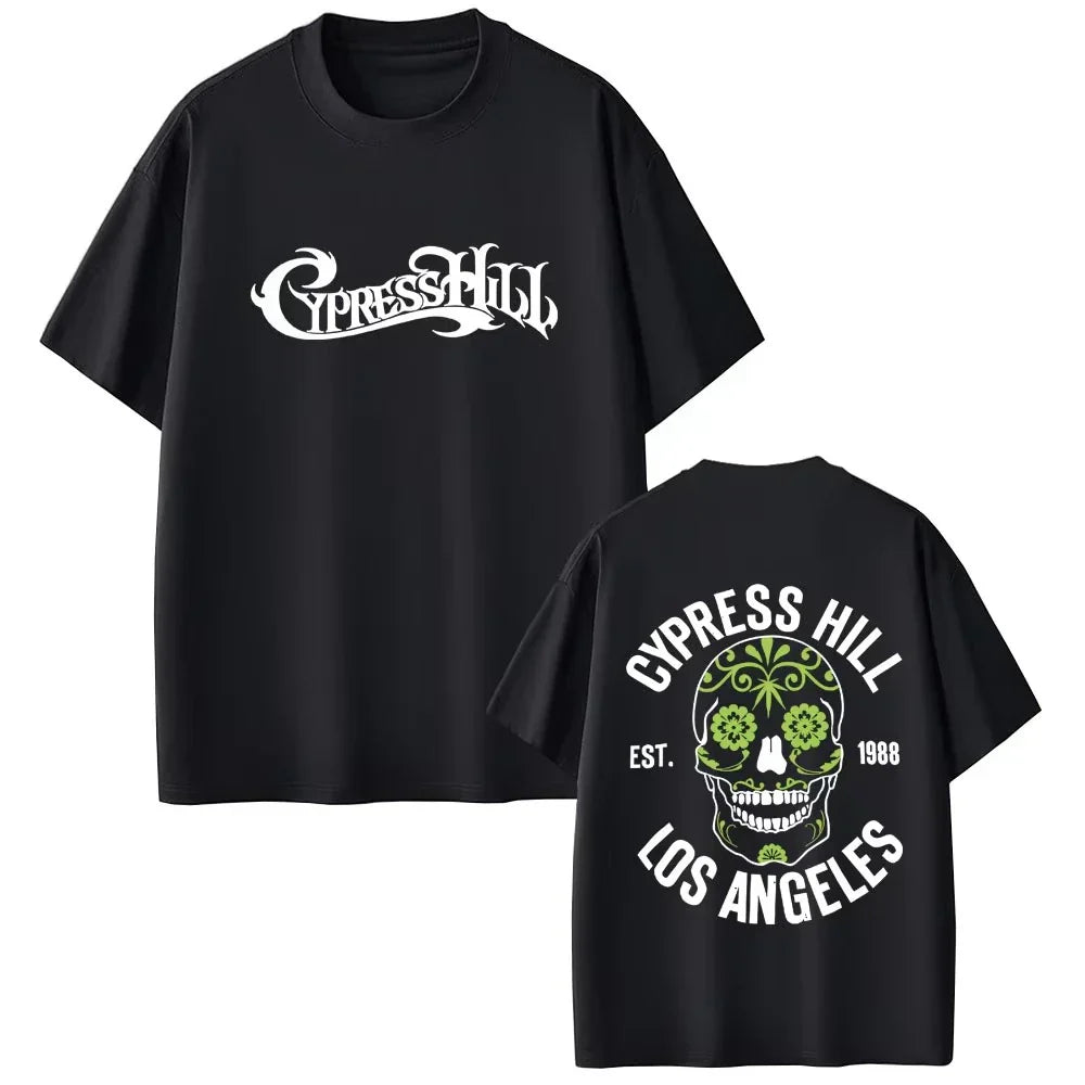 Black cotton rapper cypress hill t-shirt with white lettering front and green sugar skull back for women hip hop fashion streetwear