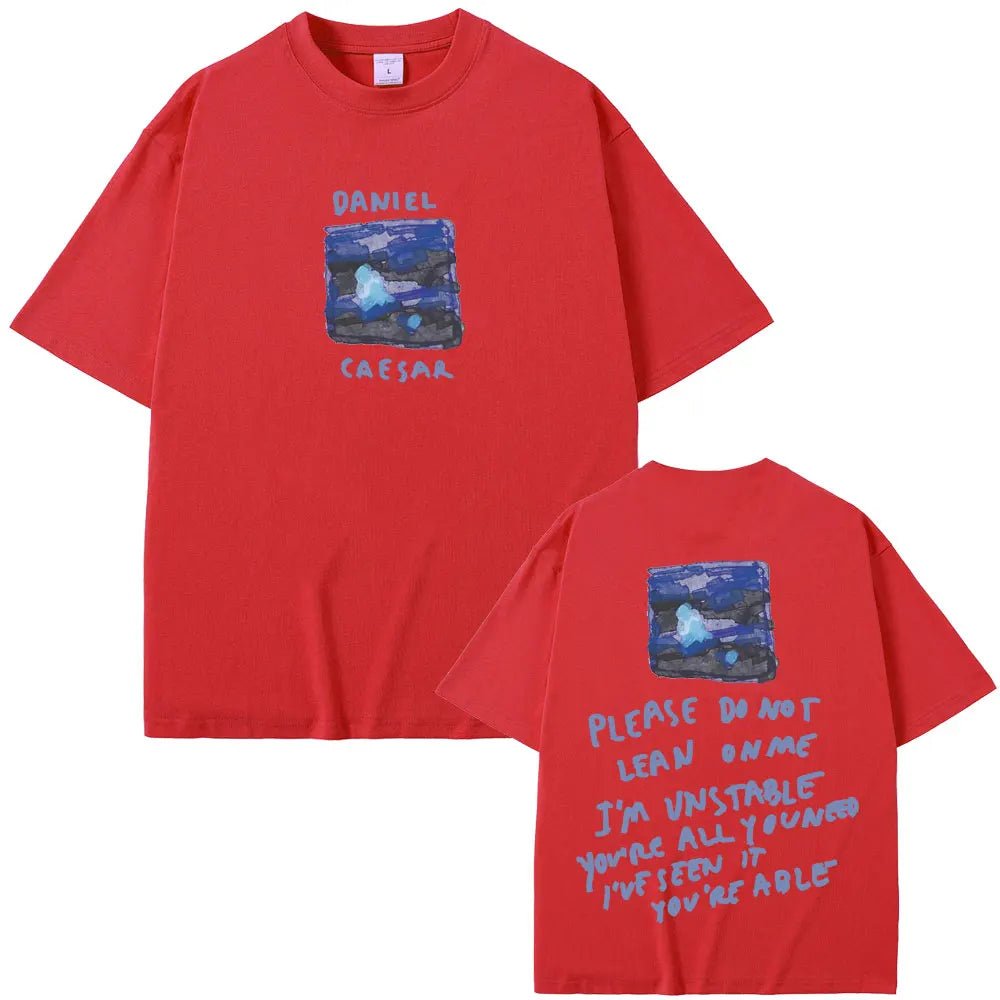 Red short-sleeved rapper daniel caesar t-shirt with blue white graphic front and hip hop fashion text back for women hip hop