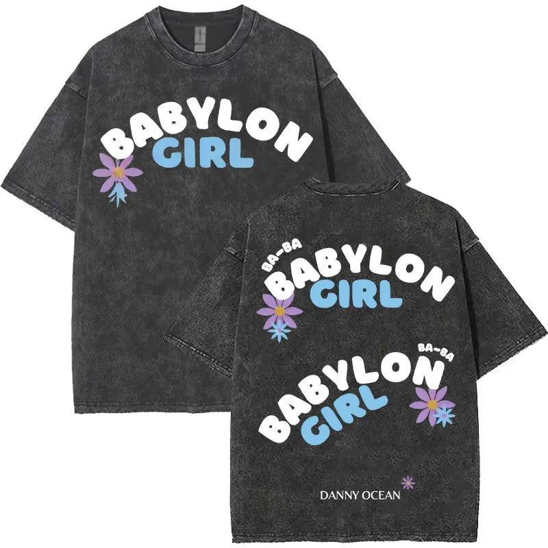 Black distressed cotton t-shirt featuring babylon girl with harajuku letters print and rapper danny ocean merch vintage washed design