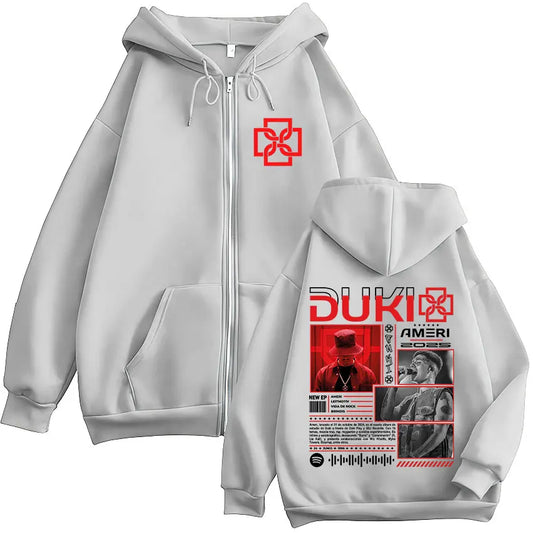 Light gray zip-up hoodie with red cross logo and graphic print of rapper Duki Ameri world tour 2025 album art