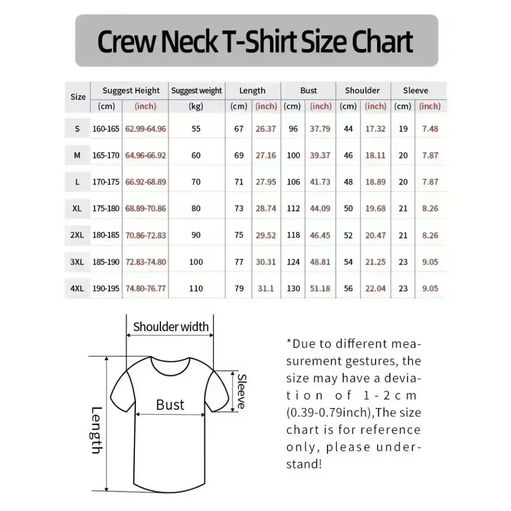 Size chart for rapper estopa tour graphics crew neck t-shirts with measurements in cm and inches for sizes s to 4xl