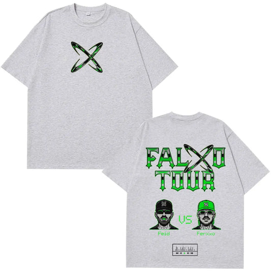 Gray casual cotton oversized t-shirt with green feid ferxxo tour graphic featuring rapper feid ferxxo portraits